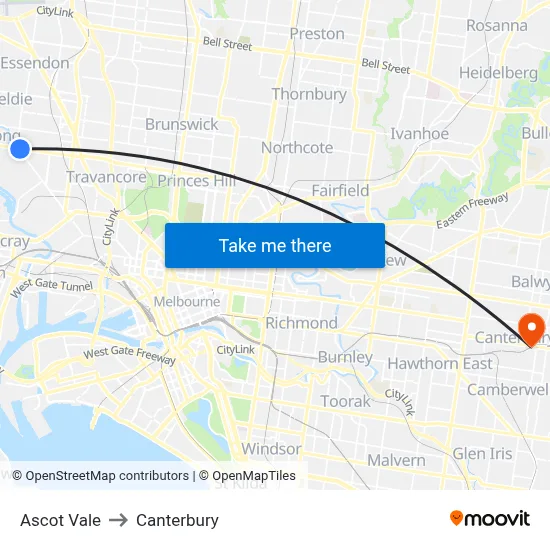 Ascot Vale to Canterbury map