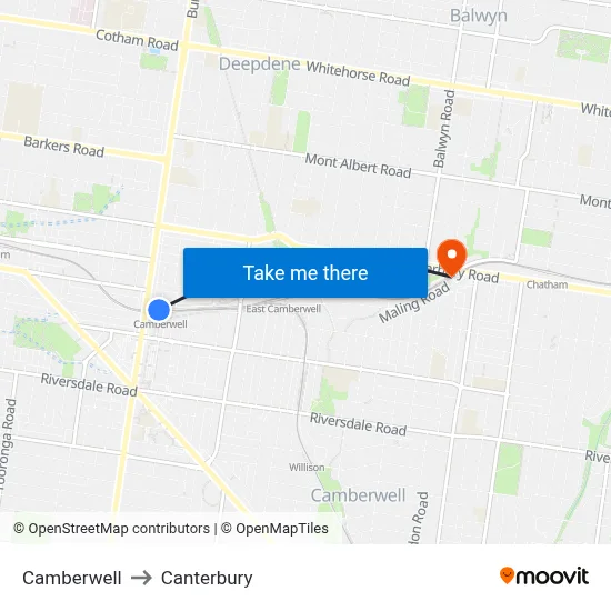 Camberwell to Canterbury map