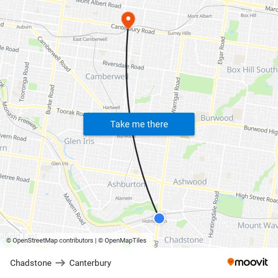 Chadstone to Canterbury map