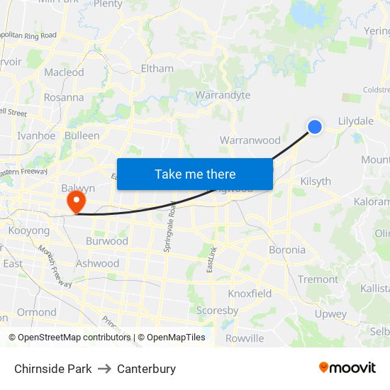 Chirnside Park to Canterbury map