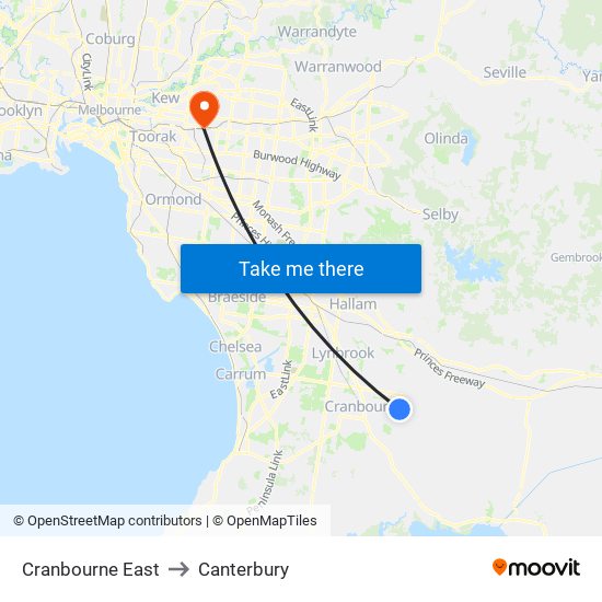 Cranbourne East to Canterbury map