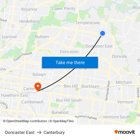 Doncaster East to Canterbury map