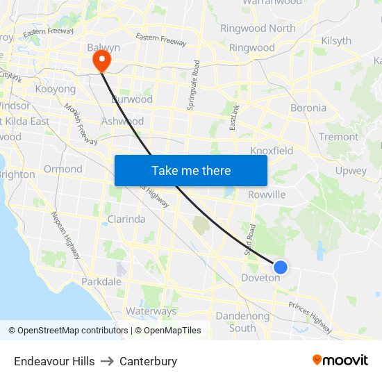 Endeavour Hills to Canterbury map