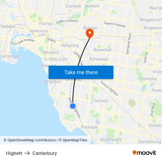 Highett to Canterbury map
