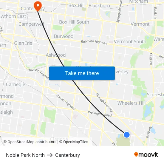 Noble Park North to Canterbury map