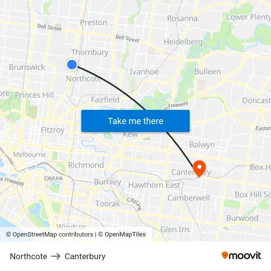 Northcote to Canterbury map