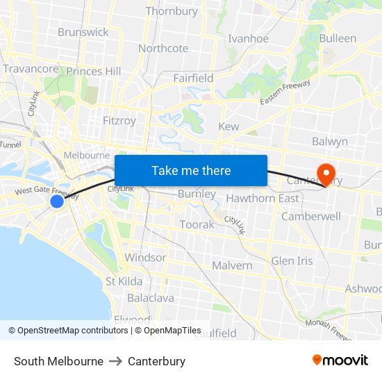 South Melbourne to Canterbury map