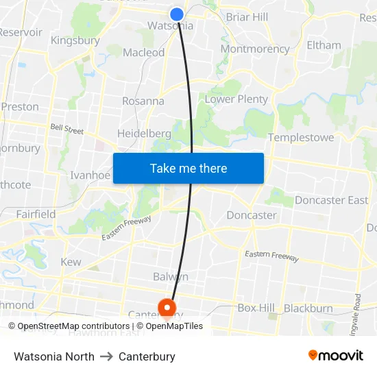Watsonia North to Canterbury map