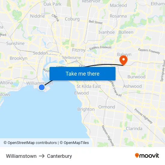 Williamstown to Canterbury map