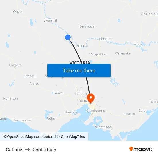 Cohuna to Canterbury map