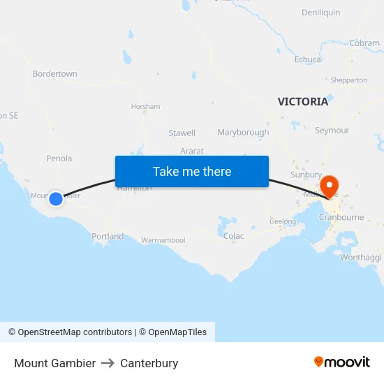 Mount Gambier to Canterbury map