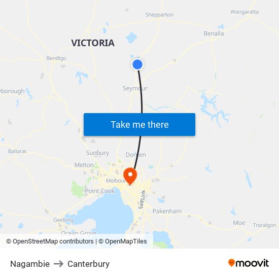 Nagambie to Canterbury map