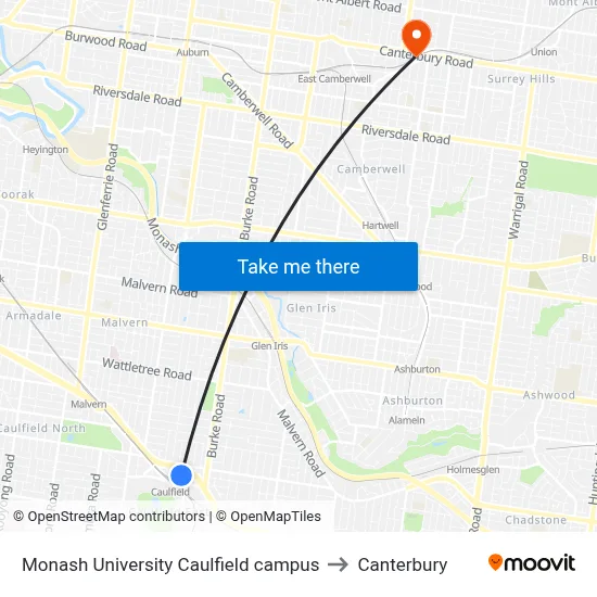Monash University Caulfield campus to Canterbury map