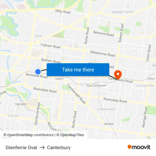 Glenferrie Oval to Canterbury map