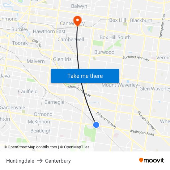 Huntingdale to Canterbury map