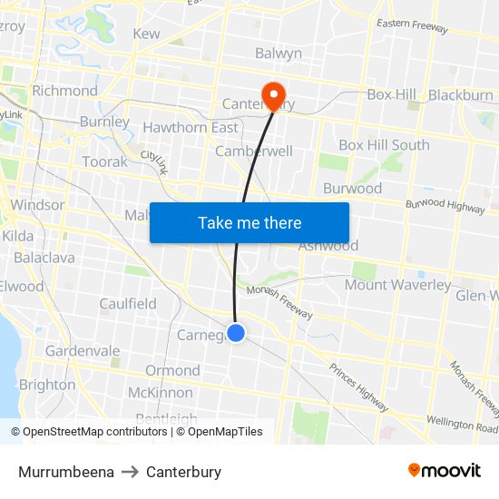 Murrumbeena to Canterbury map