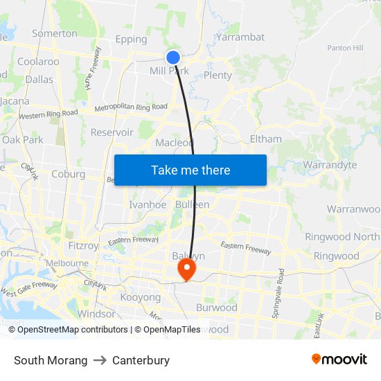 South Morang to Canterbury map