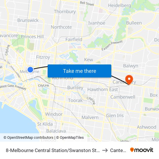 8-Melbourne Central Station/Swanston St (Melbourne City) to Canterbury map