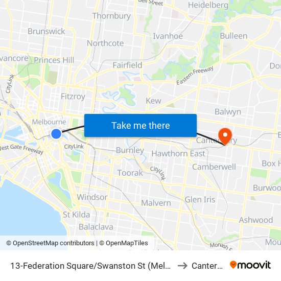 13-Federation Square/Swanston St (Melbourne City) to Canterbury map