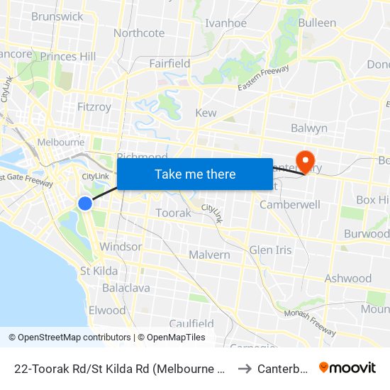 22-Toorak Rd/St Kilda Rd (Melbourne City) to Canterbury map