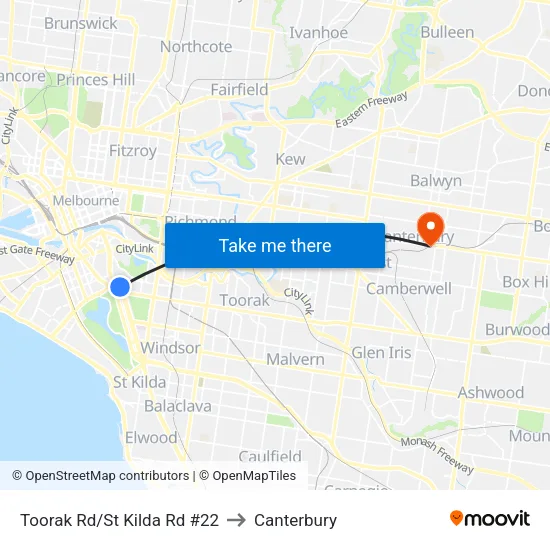 Toorak Rd/St Kilda Rd #22 to Canterbury map