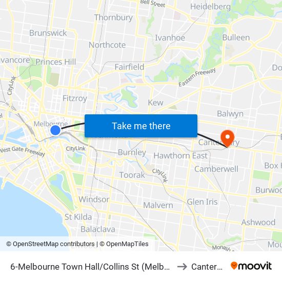 6-Melbourne Town Hall/Collins St (Melbourne City) to Canterbury map