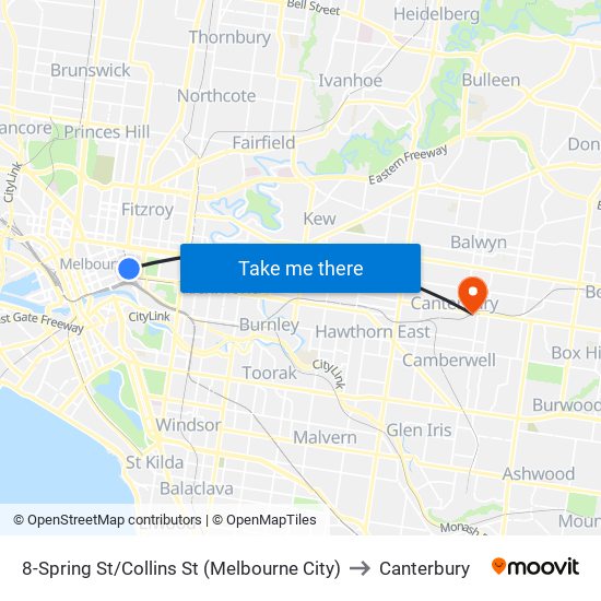 8-Spring St/Collins St (Melbourne City) to Canterbury map