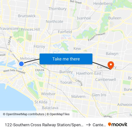 122-Southern Cross Railway Station/Spencer St (Melbourne City) to Canterbury map