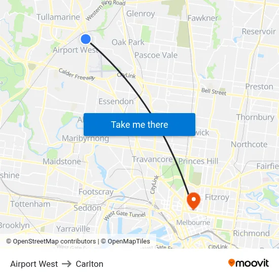 Airport West to Carlton map
