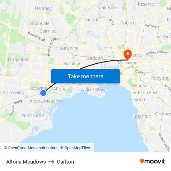Altona Meadows to Carlton map