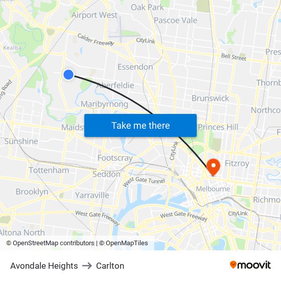 Avondale Heights to Carlton map