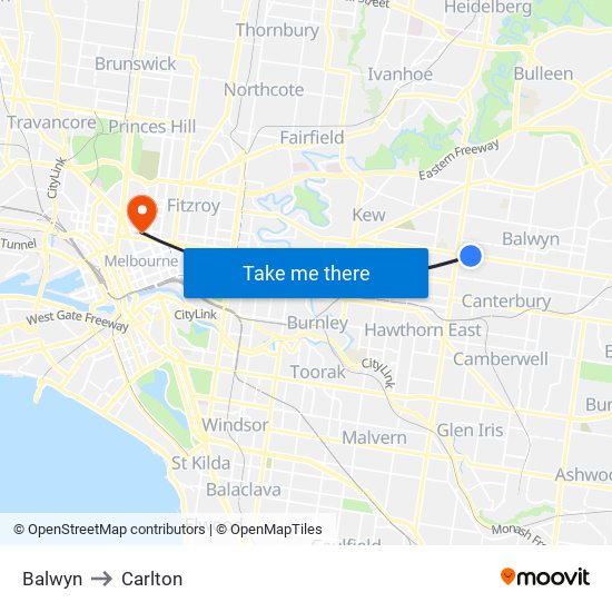 Balwyn to Carlton map