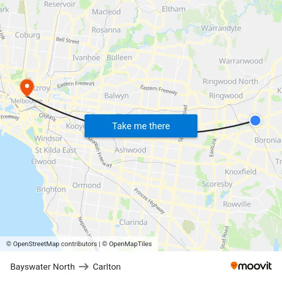 Bayswater North to Carlton map