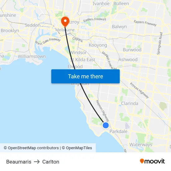 Beaumaris to Carlton map