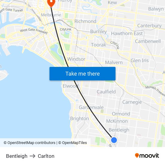 Bentleigh to Carlton map