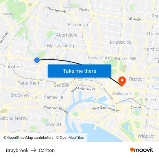 Braybrook to Carlton map