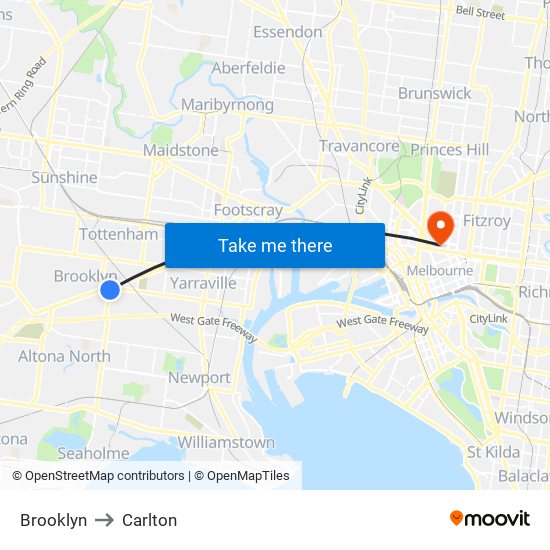 Brooklyn to Carlton map