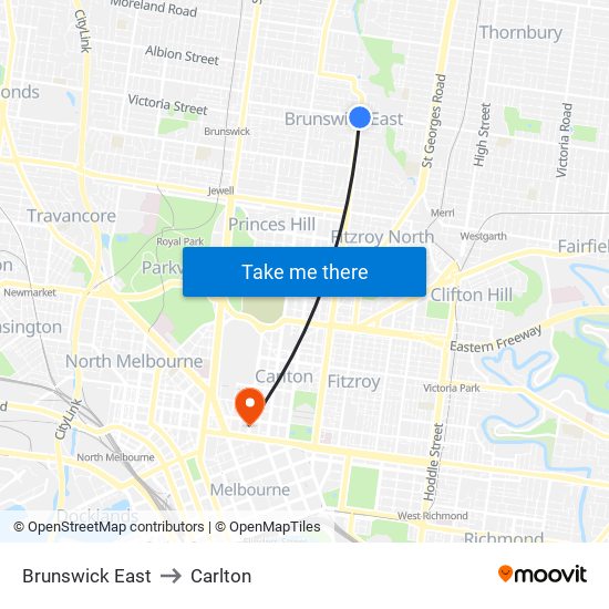 Brunswick East to Carlton map