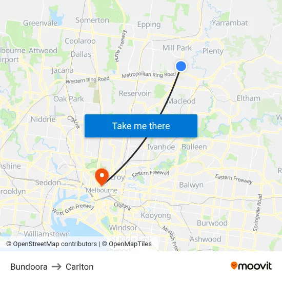 Bundoora to Carlton map