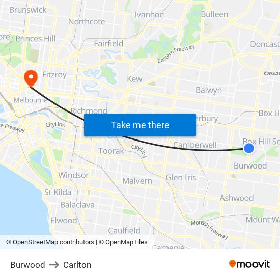 Burwood to Carlton map