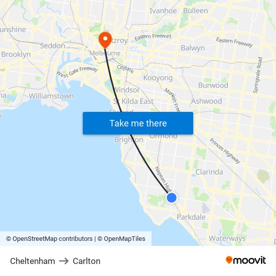 Cheltenham to Carlton map