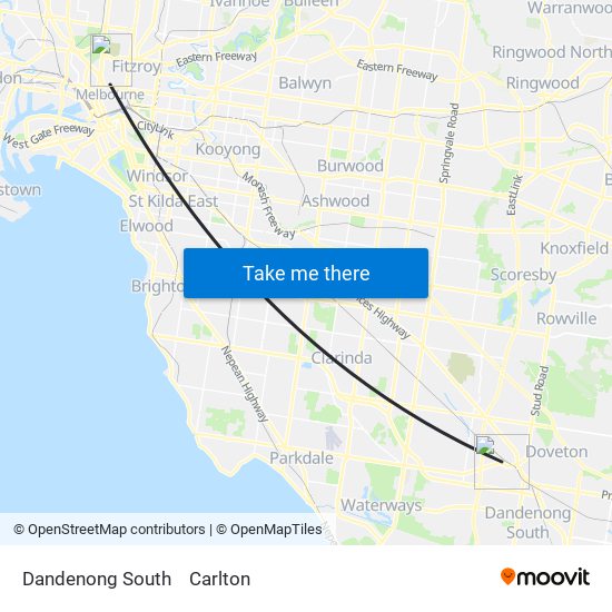 Dandenong South to Carlton map