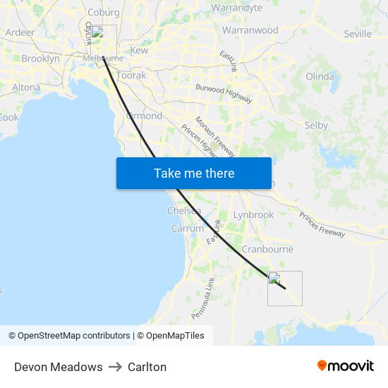 Devon Meadows to Carlton map