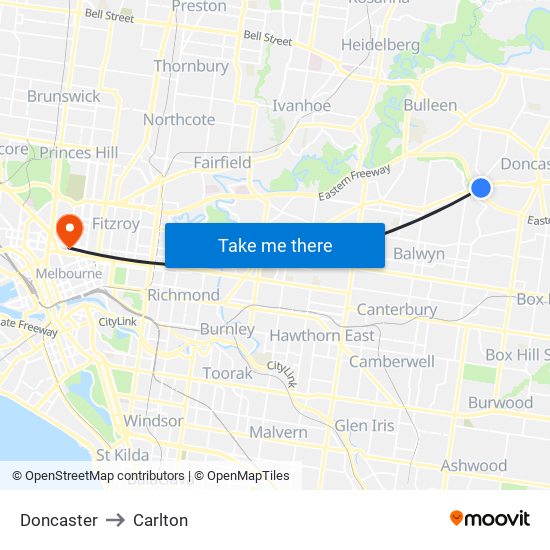 Doncaster to Carlton map