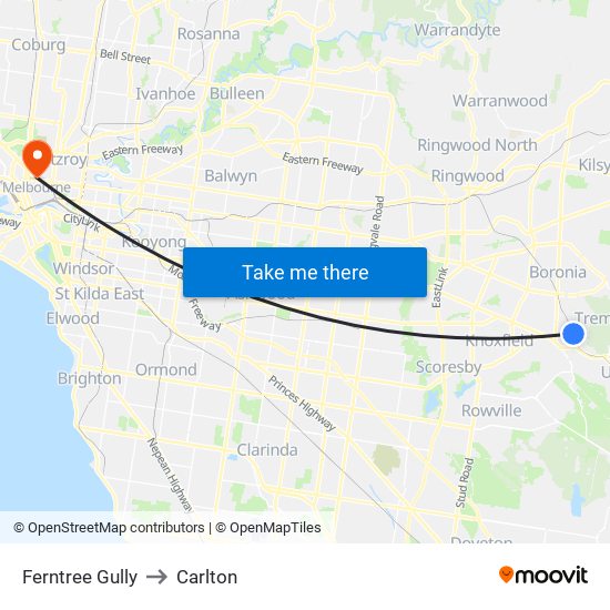 Ferntree Gully to Carlton map