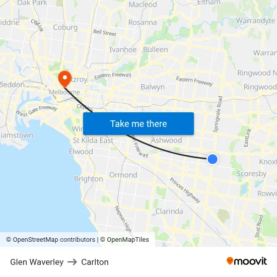 Glen Waverley to Carlton map
