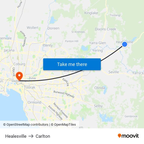 Healesville to Carlton map
