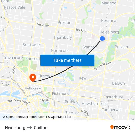 Heidelberg to Carlton map