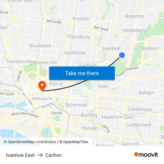Ivanhoe East to Carlton map