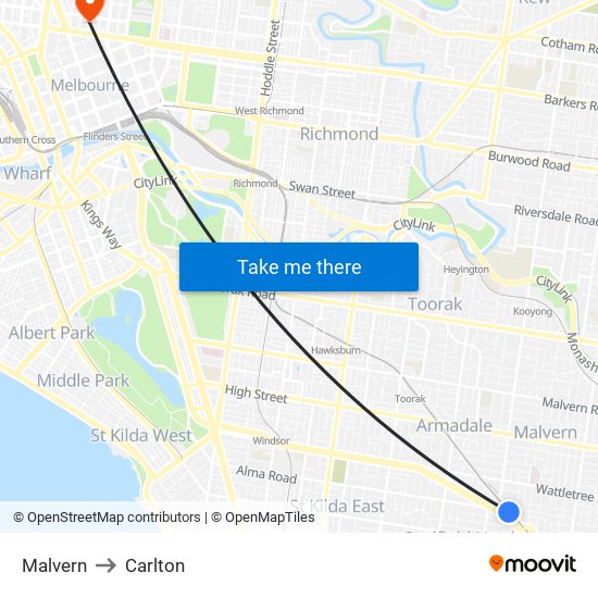 Malvern to Carlton map